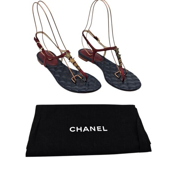 Chanel CC Star T Strap Thong Flat Sandal Navy Red Quilt Leather 40 C US 9 9.5 - Picture 2 of 12